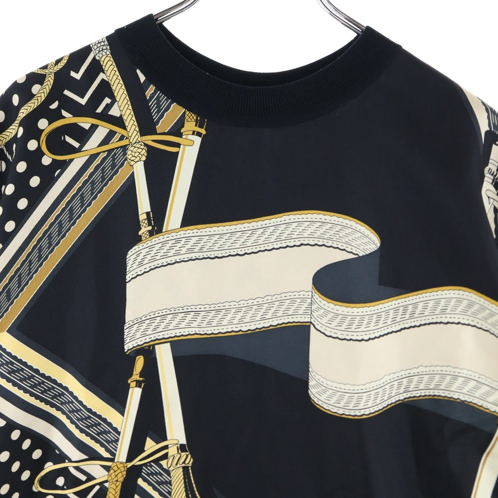 HERMES(エルメス) 23AW 総柄プリント シルク スカーフ切り替え クルーネック 半袖ニット セーター ブラック レディース 3H2830D9