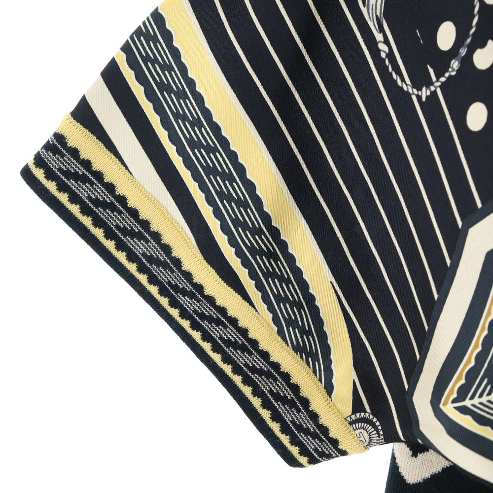 HERMES(エルメス) 23AW 総柄プリント シルク スカーフ切り替え クルーネック 半袖ニット セーター ブラック レディース 3H2830D9