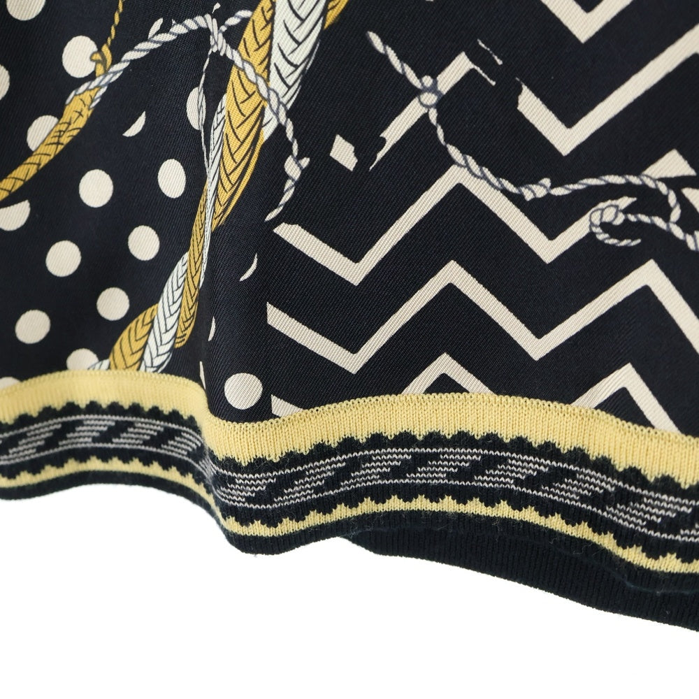 HERMES(エルメス) 23AW 総柄プリント シルク スカーフ切り替え クルーネック 半袖ニット セーター ブラック レディース 3H2830D9