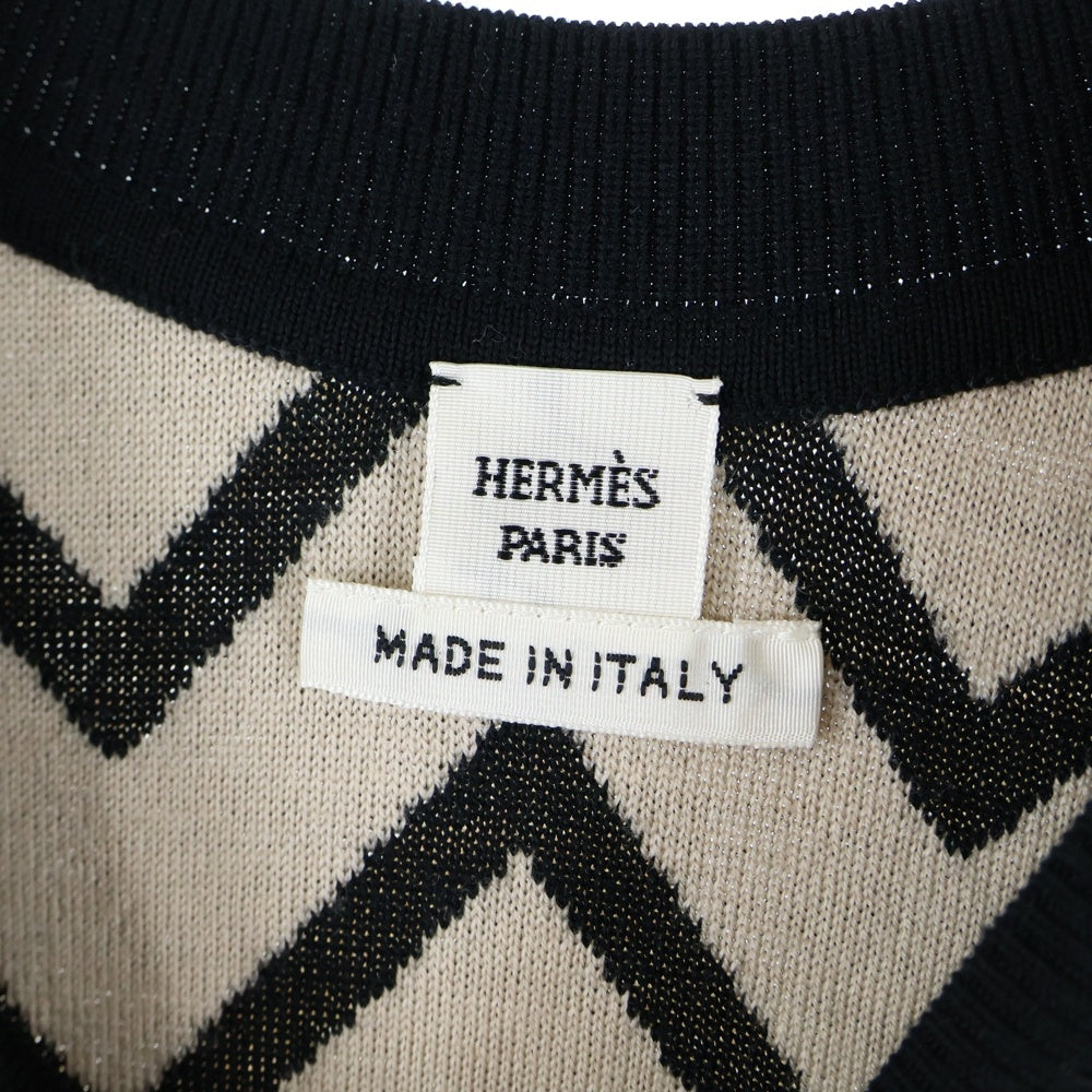 HERMES(エルメス) 23AW 総柄プリント シルク スカーフ切り替え クルーネック 半袖ニット セーター ブラック レディース 3H2830D9
