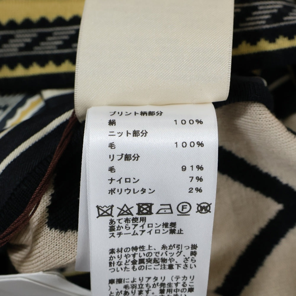 HERMES(エルメス) 23AW 総柄プリント シルク スカーフ切り替え クルーネック 半袖ニット セーター ブラック レディース 3H2830D9