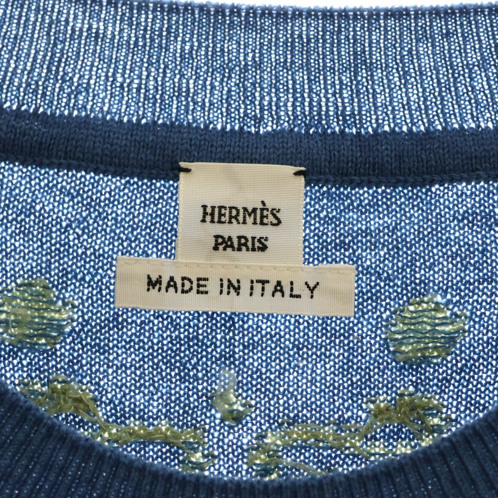 HERMES(エルメス) 23SS BRIDES de GALA ブリッド ドゥ ガラ ドット柄 ジャガード カシミヤ クルーネック 半袖ニット セーター ブルー レディース 3E2623D8