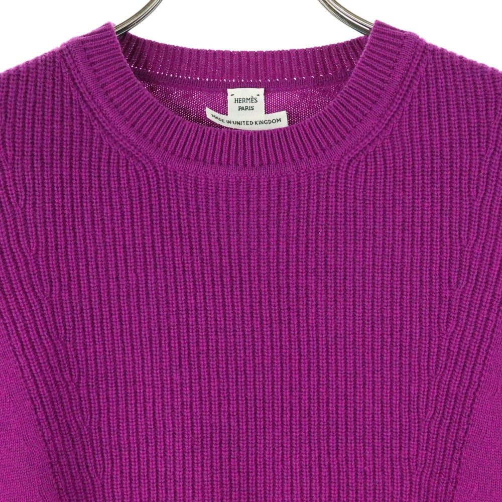 HERMES(エルメス) セリエ ロゴプレート カシミヤ クルーネック 半袖ニット セーター パープル レディース 3E2603D1