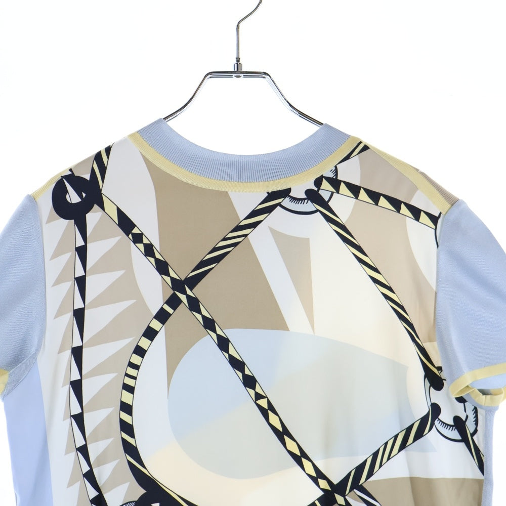 HERMES(エルメス) 総柄プリント シルク スカーフ 切り替え クルーネック 半袖ニット セーター ライトブルー/ベージュ レディース 3H2824DJ