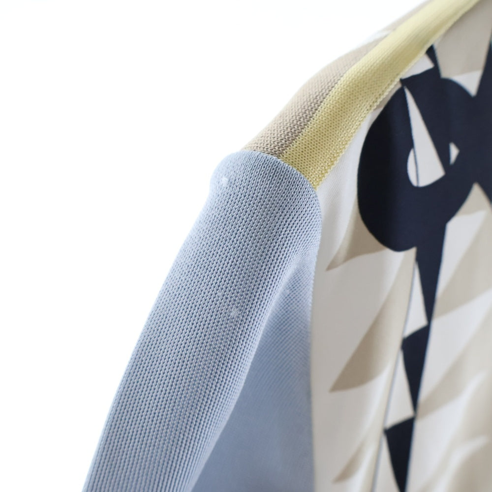 HERMES(エルメス) 総柄プリント シルク スカーフ 切り替え クルーネック 半袖ニット セーター ライトブルー/ベージュ レディース 3H2824DJ