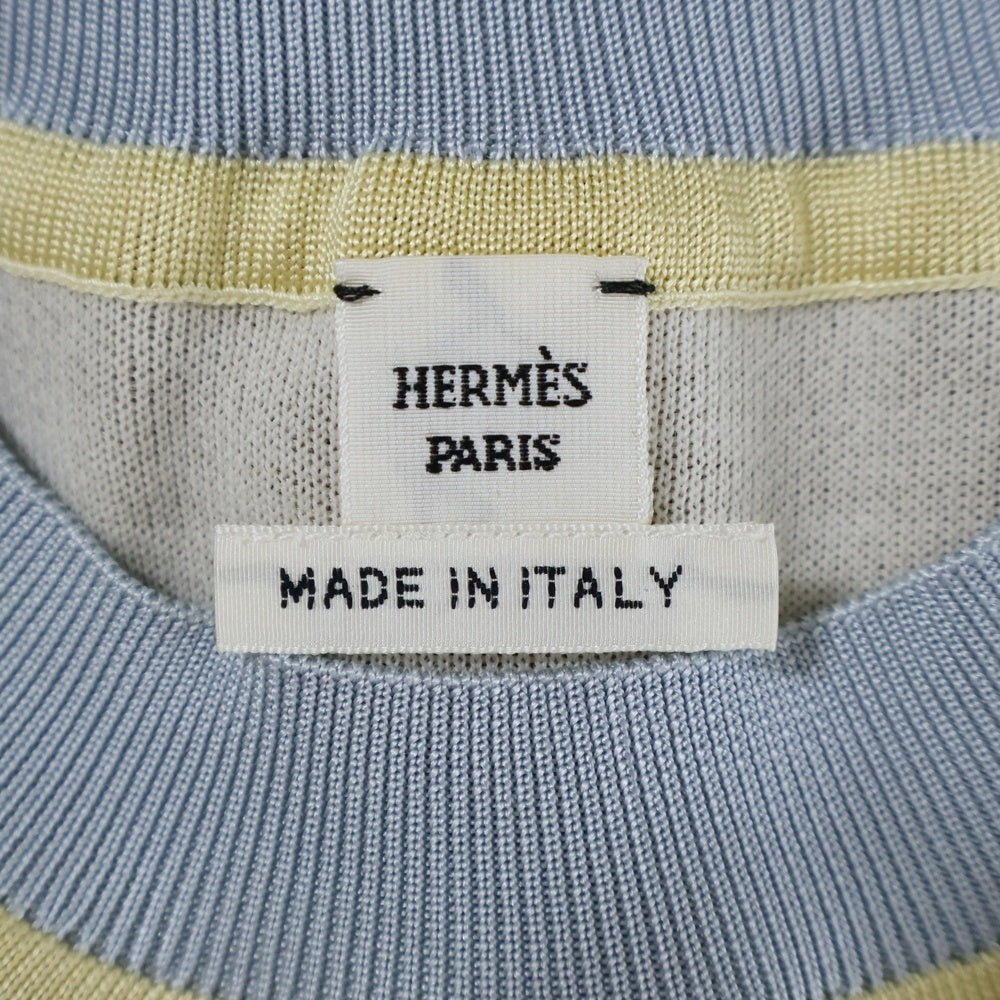HERMES(エルメス) 総柄プリント シルク スカーフ 切り替え クルーネック 半袖ニット セーター ライトブルー/ベージュ レディース 3H2824DJ