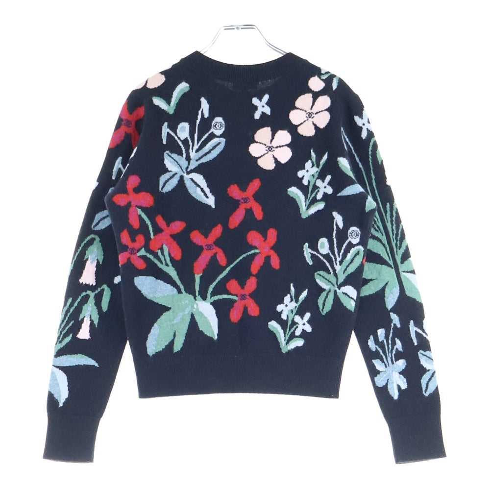 CHANEL(シャネル) ココマーク ロゴプレート フラワー総柄ジャガード カシミヤ クルーネック ロングスリーブ 長袖ニット セーター ブラック P70991K10164