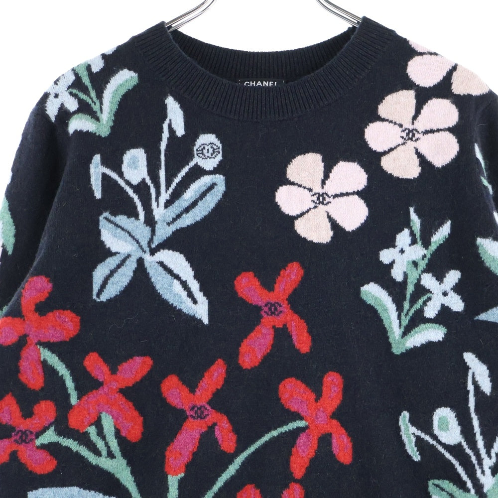 CHANEL(シャネル) ココマーク ロゴプレート フラワー総柄ジャガード カシミヤ クルーネック ロングスリーブ 長袖ニット セーター ブラック P70991K10164