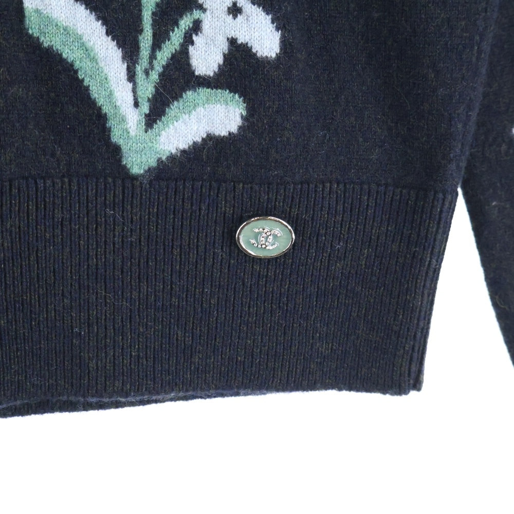 CHANEL(シャネル) ココマーク ロゴプレート フラワー総柄ジャガード カシミヤ クルーネック ロングスリーブ 長袖ニット セーター ブラック P70991K10164
