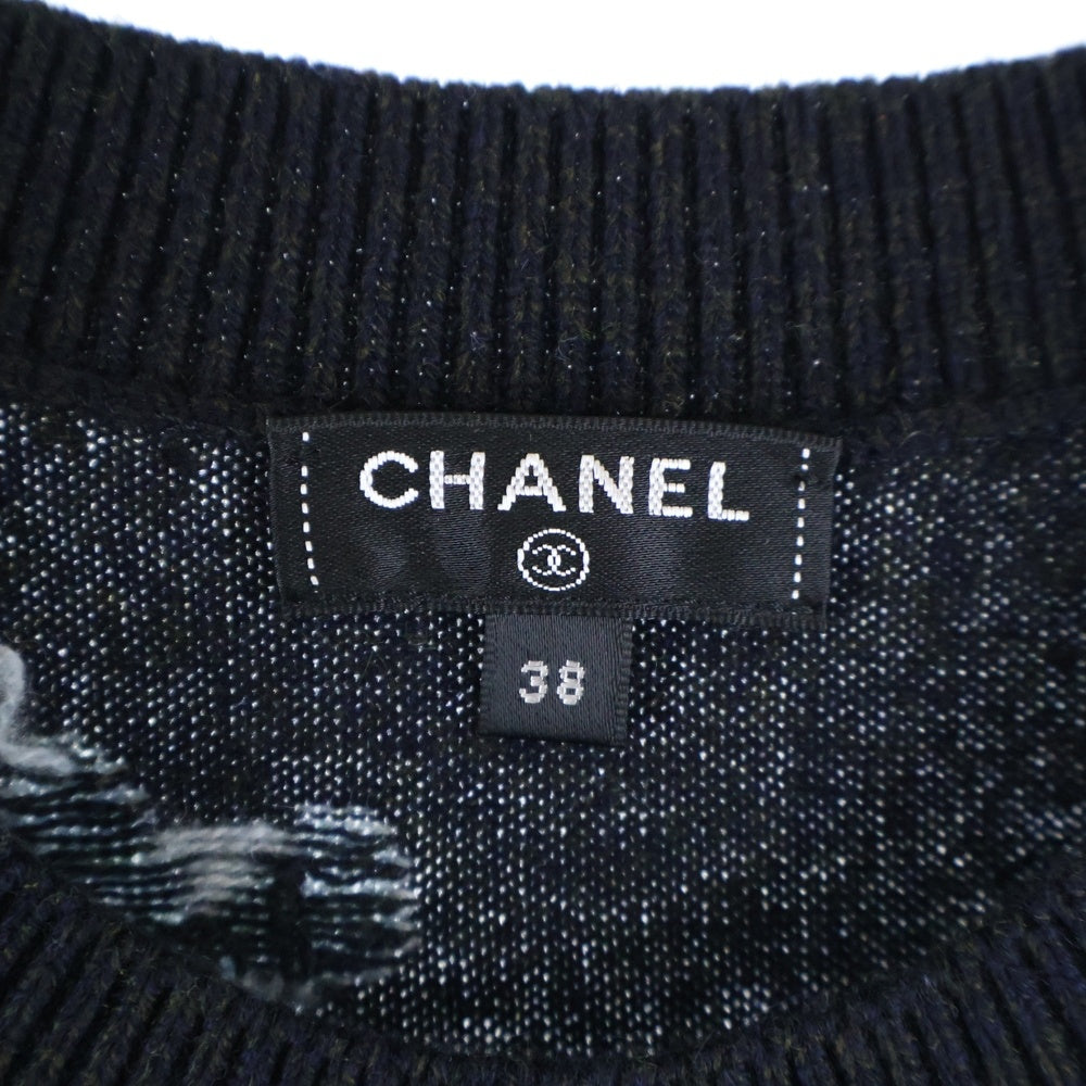 CHANEL(シャネル) ココマーク ロゴプレート フラワー総柄ジャガード カシミヤ クルーネック ロングスリーブ 長袖ニット セーター ブラック P70991K10164