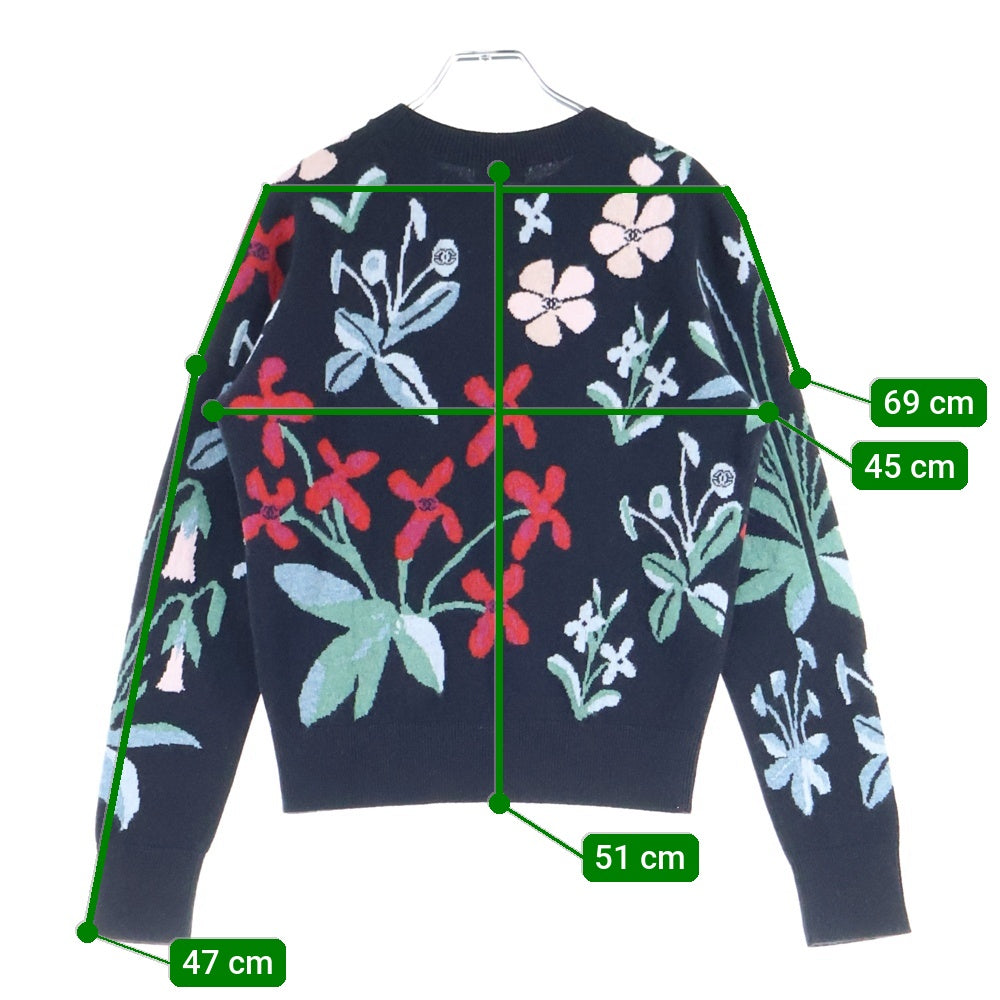 CHANEL(シャネル) ココマーク ロゴプレート フラワー総柄ジャガード カシミヤ クルーネック ロングスリーブ 長袖ニット セーター ブラック P70991K10164