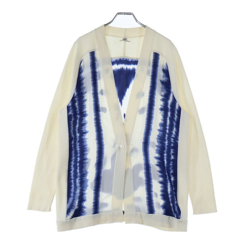 HERMES(エルメス) 総柄プリント シルク スカーフ ニット切り替え カーディガン ホワイト/ブルー レディース