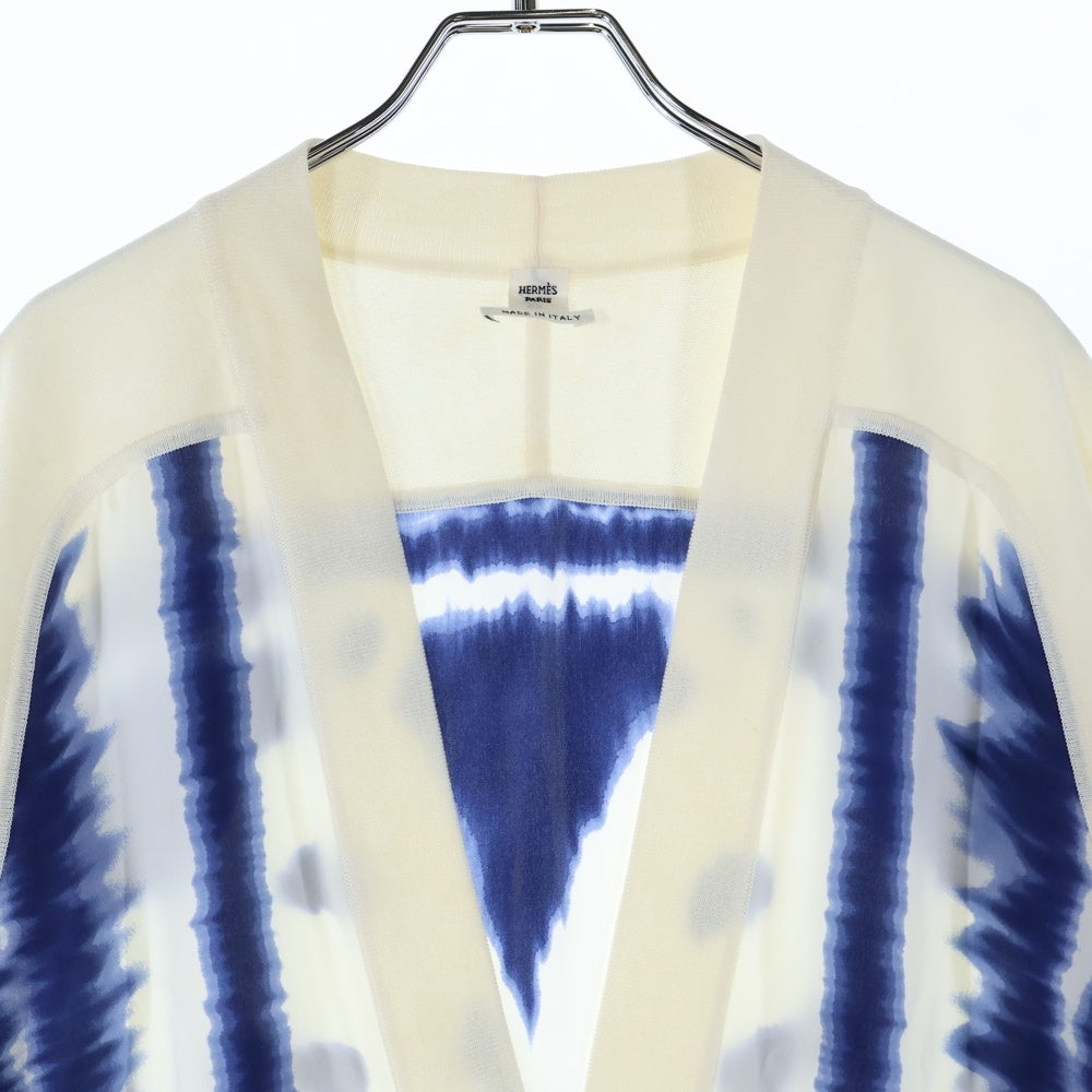 HERMES(エルメス) 総柄プリント シルク スカーフ ニット切り替え カーディガン ホワイト/ブルー レディース