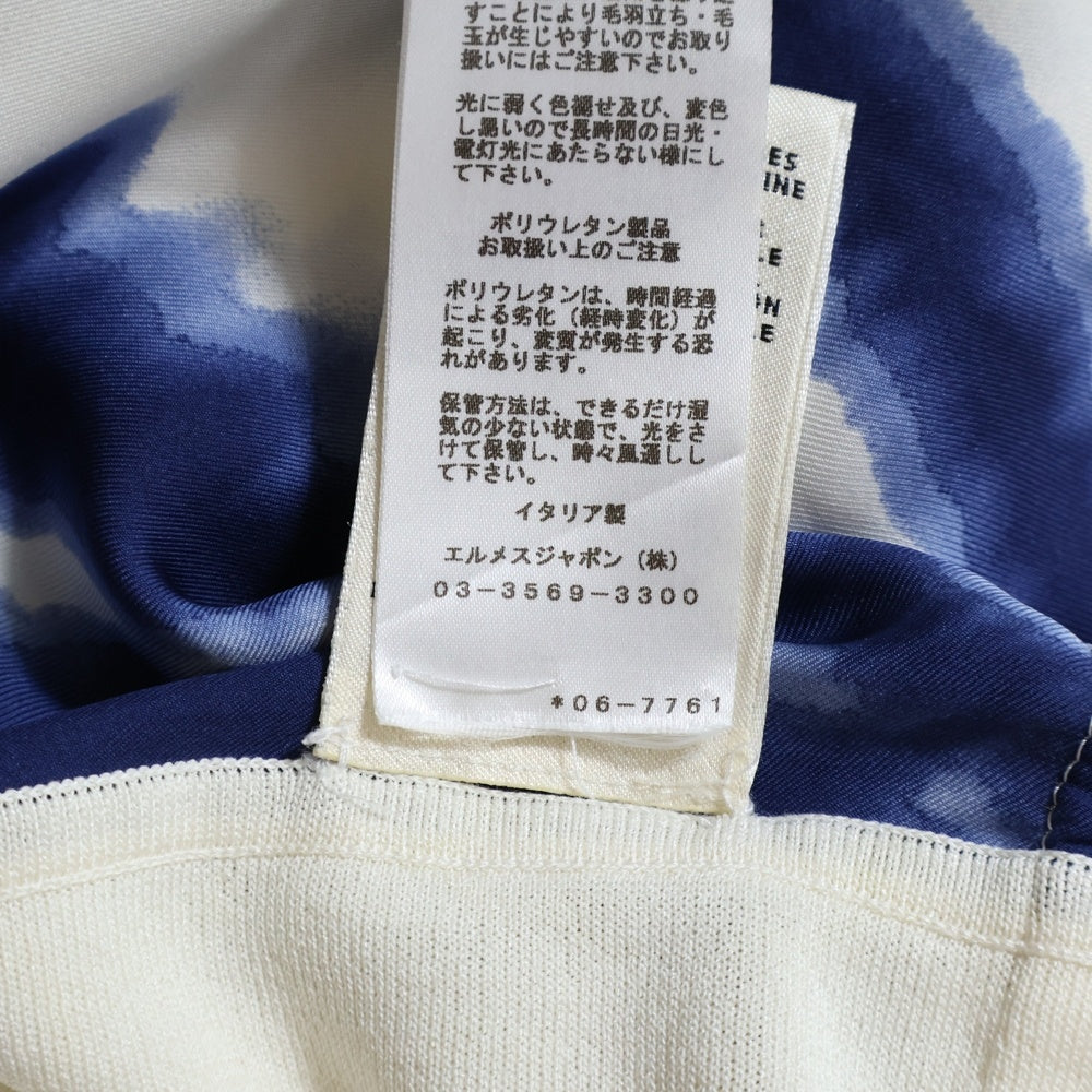 HERMES(エルメス) 総柄プリント シルク スカーフ ニット切り替え カーディガン ホワイト/ブルー レディース