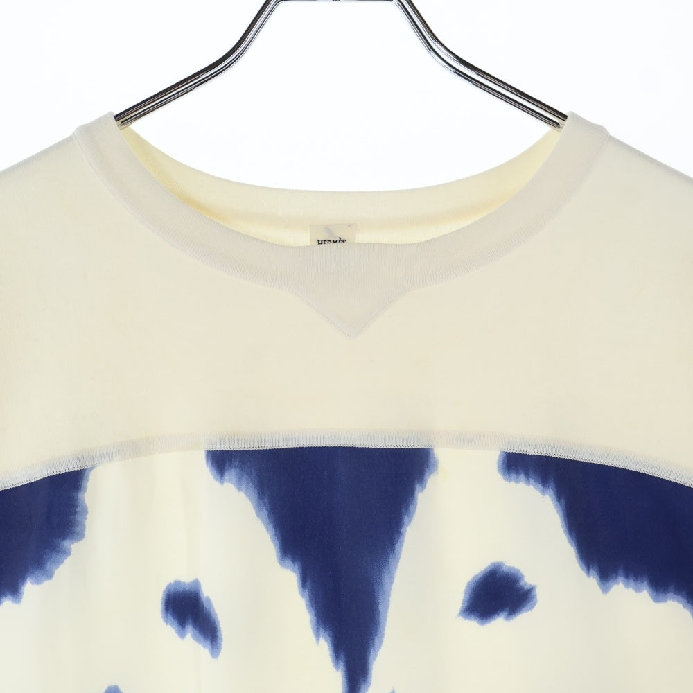 HERMES(エルメス) BRIDES de GALA ブリッド ドゥ ガラ シルク スカーフ 柄プリント 切り替え ニット クルーネック 半袖Tシャツ カットソー ホワイト/ブルー レディース