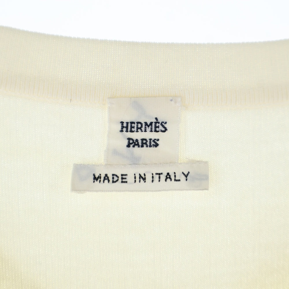 HERMES(エルメス) BRIDES de GALA ブリッド ドゥ ガラ シルク スカーフ 柄プリント 切り替え ニット クルーネック 半袖Tシャツ カットソー ホワイト/ブルー レディース