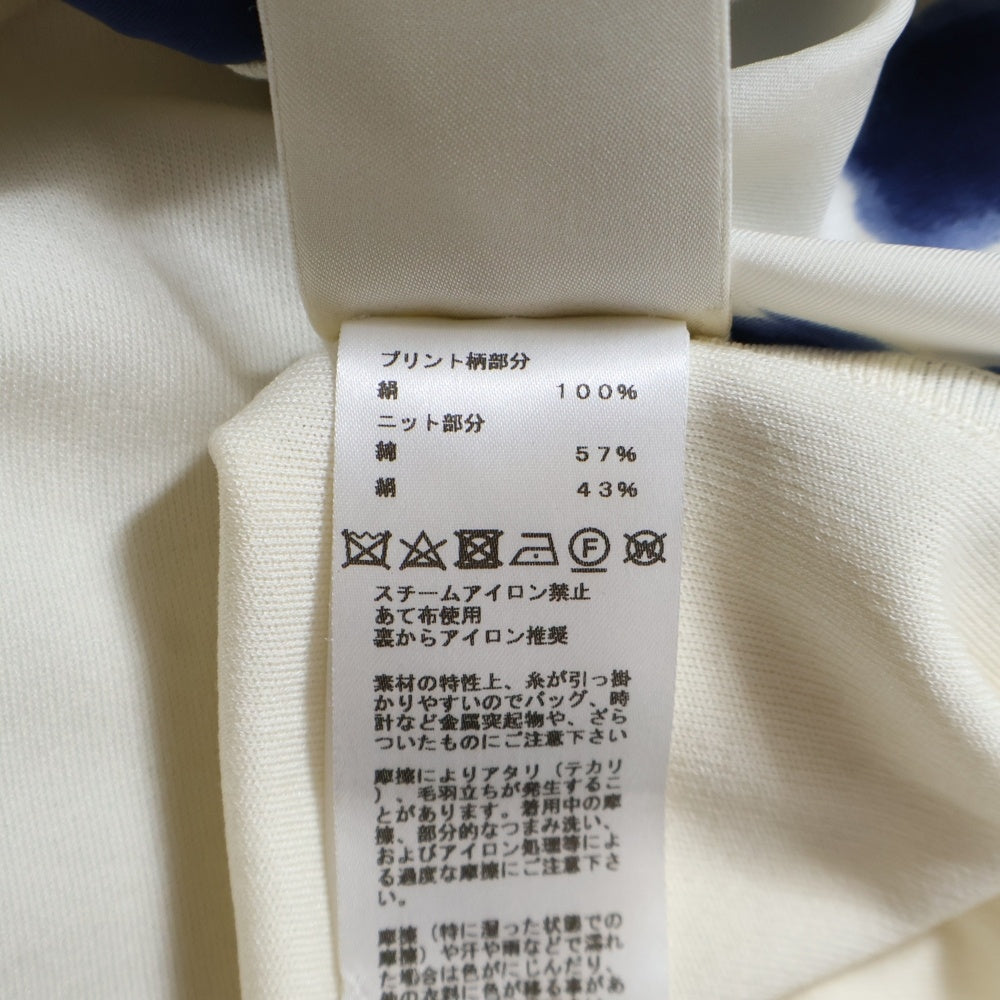 HERMES(エルメス) BRIDES de GALA ブリッド ドゥ ガラ シルク スカーフ 柄プリント 切り替え ニット クルーネック 半袖Tシャツ カットソー ホワイト/ブルー レディース