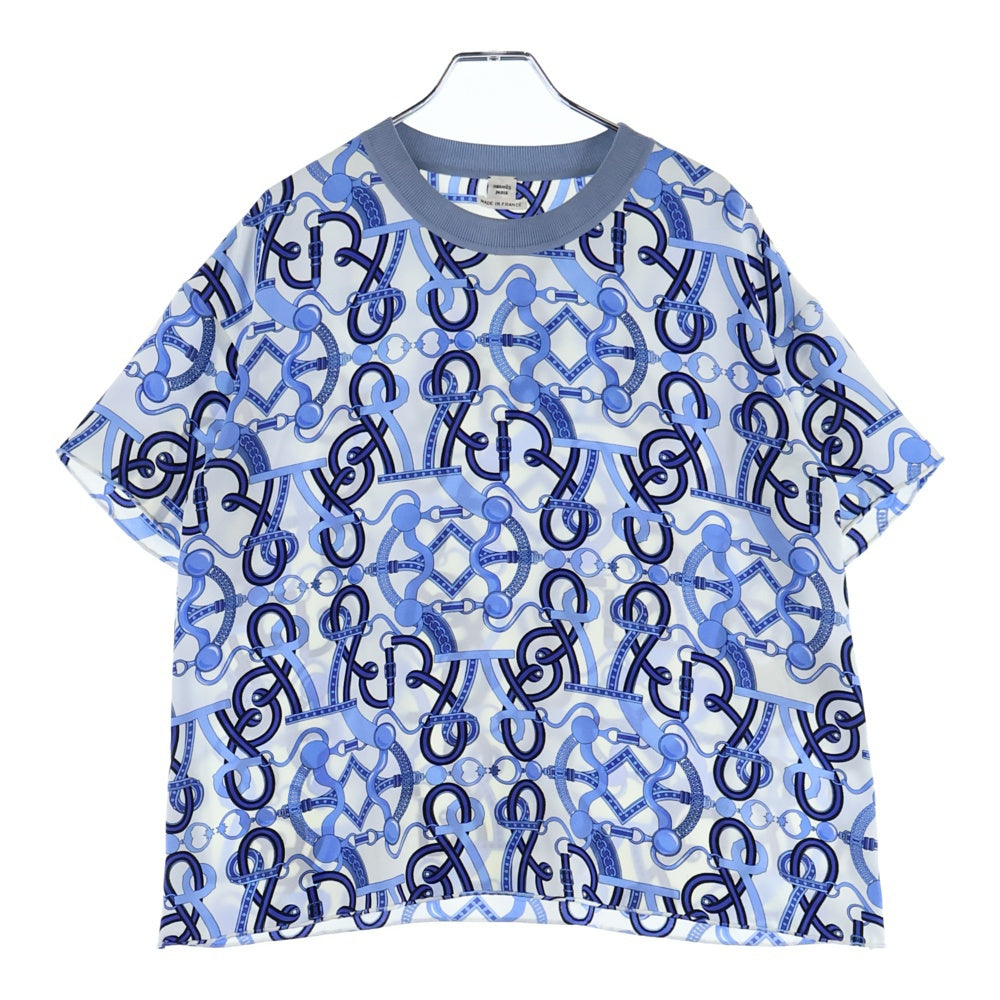 HERMES(エルメス) チェーン 馬具 総柄プリント シルク スカーフ クルーネック 半袖 Tシャツ カットソー ブルー/ホワイト レディース 2E0626DL