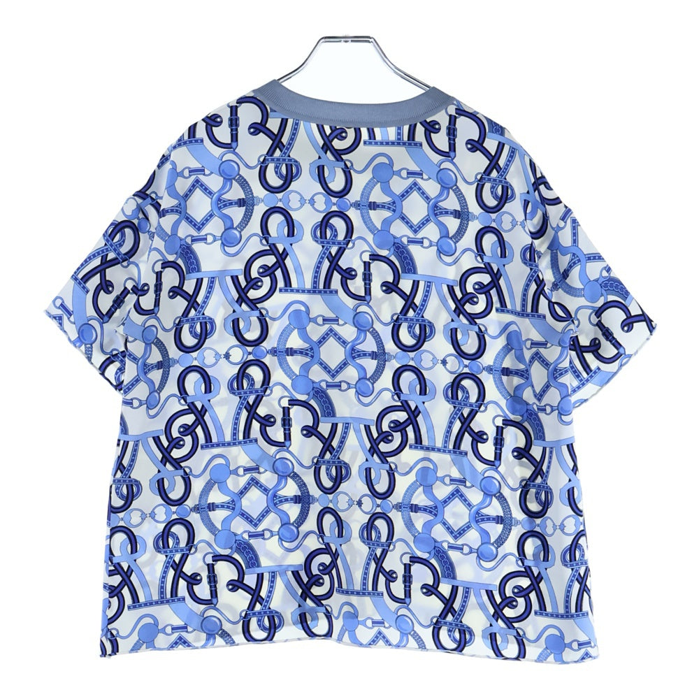 HERMES(エルメス) チェーン 馬具 総柄プリント シルク スカーフ クルーネック 半袖 Tシャツ カットソー ブルー/ホワイト レディース 2E0626DL