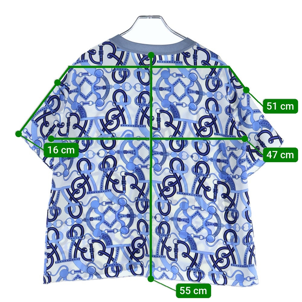 HERMES(エルメス) チェーン 馬具 総柄プリント シルク スカーフ クルーネック 半袖 Tシャツ カットソー ブルー/ホワイト レディース 2E0626DL