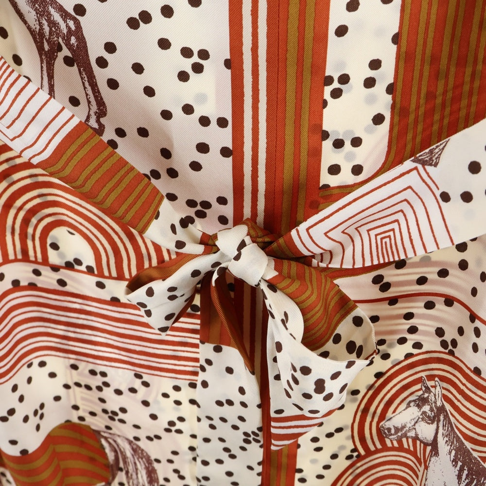 HERMES(エルメス) ガルド ローブ ポップ 馬 総柄プリント シルク スカーフ ノースリーブ ミディアムワンピース カットソー ブラウン レディース 5E0649DL