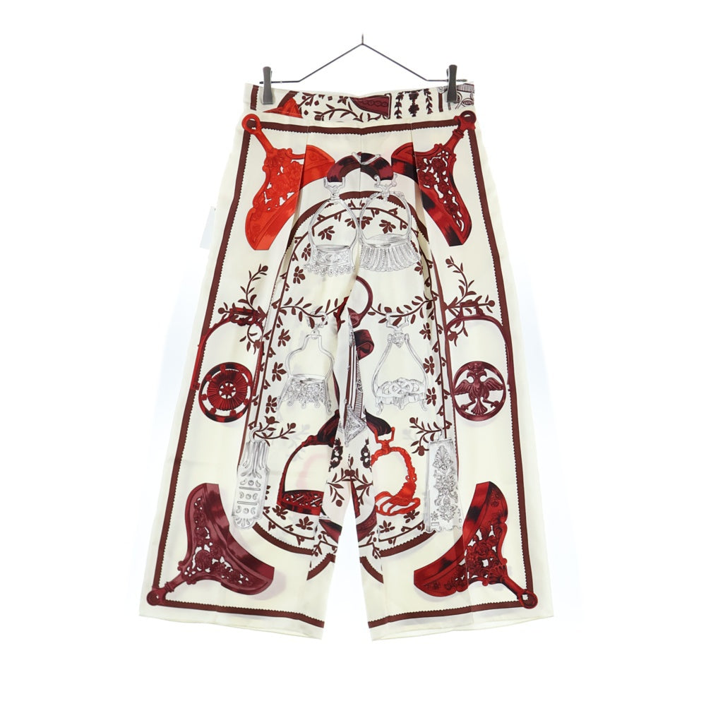 HERMES(エルメス) 24SS ツイルレーヌ 総柄プリント シルク スカーフ ワイドパンツ アイボリー/ブラウン レディース 4E0448DD