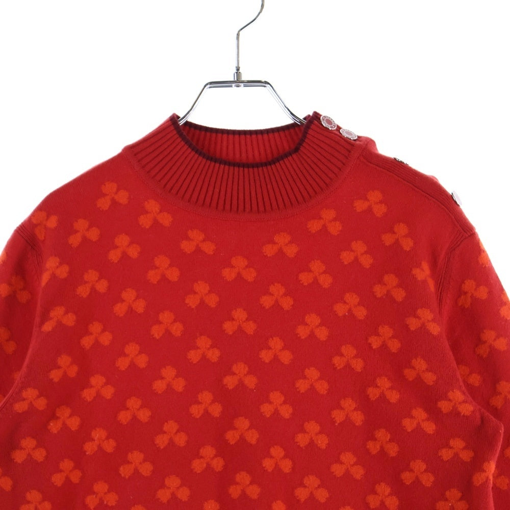 HERMES(エルメス) クローバー総柄ジャガード セリエボタン ハイネック カシミヤ プルオーバー 長袖ニット セーター レッド レディース