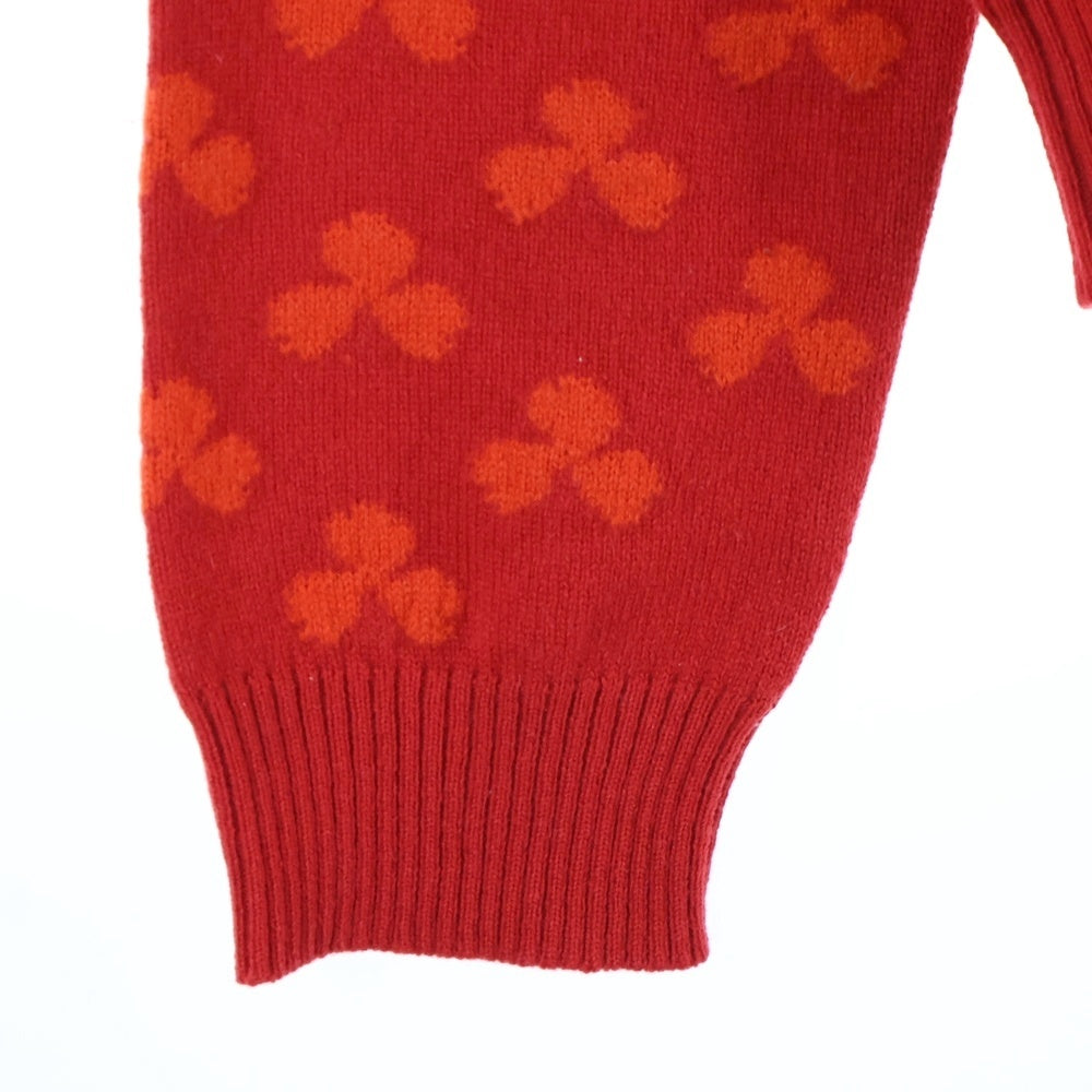 HERMES(エルメス) クローバー総柄ジャガード セリエボタン ハイネック カシミヤ プルオーバー 長袖ニット セーター レッド レディース