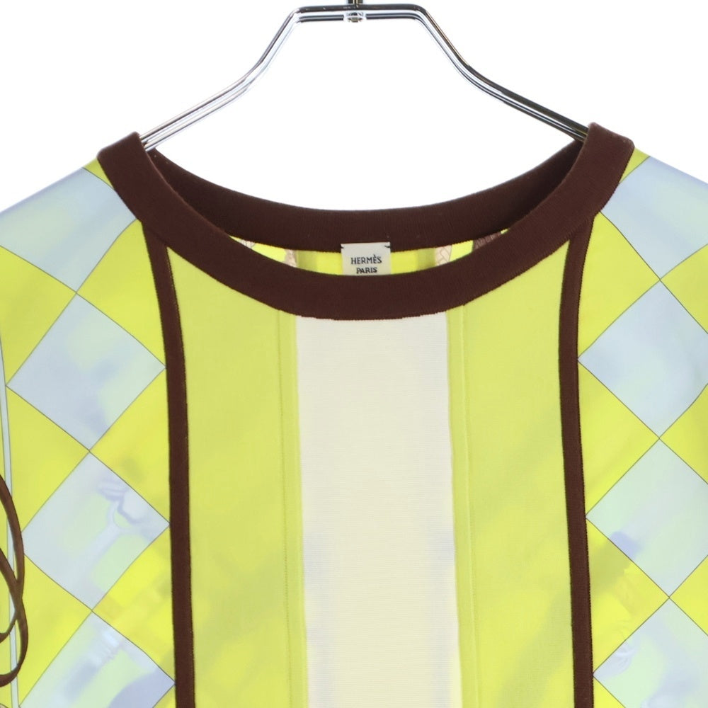 HERMES(エルメス) 柄プリント シルク スカーフ ニット切り替え クルーネック プルオーバー 長袖 ニット カットソー イエロー/ブラウン レディース