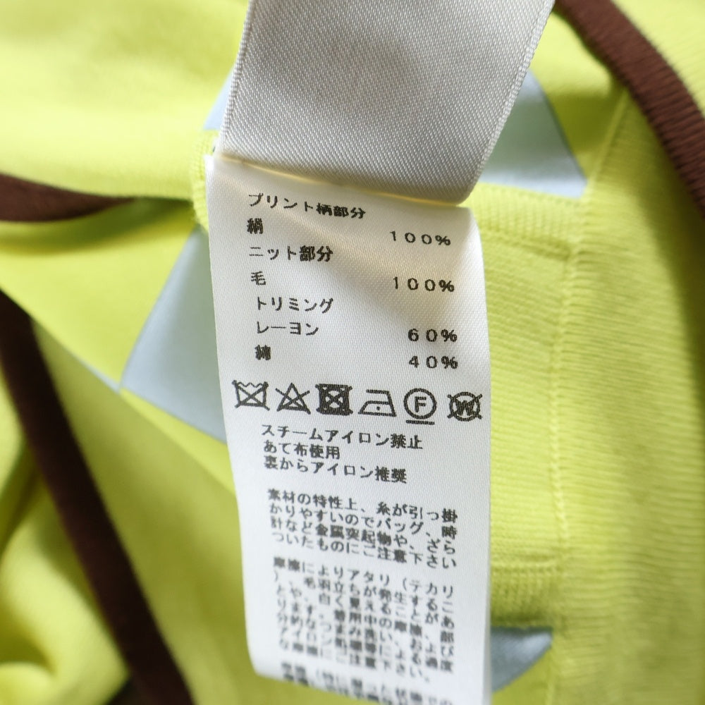 HERMES(エルメス) 柄プリント シルク スカーフ ニット切り替え クルーネック プルオーバー 長袖 ニット カットソー イエロー/ブラウン レディース