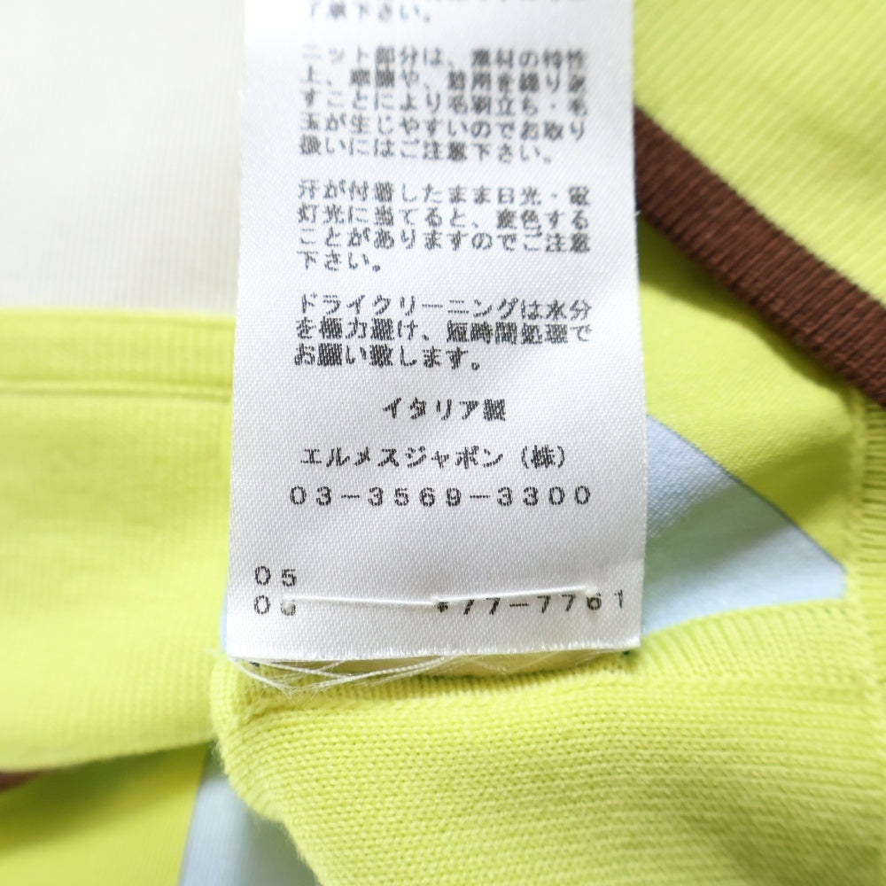 HERMES(エルメス) 柄プリント シルク スカーフ ニット切り替え クルーネック プルオーバー 長袖 ニット カットソー イエロー/ブラウン レディース