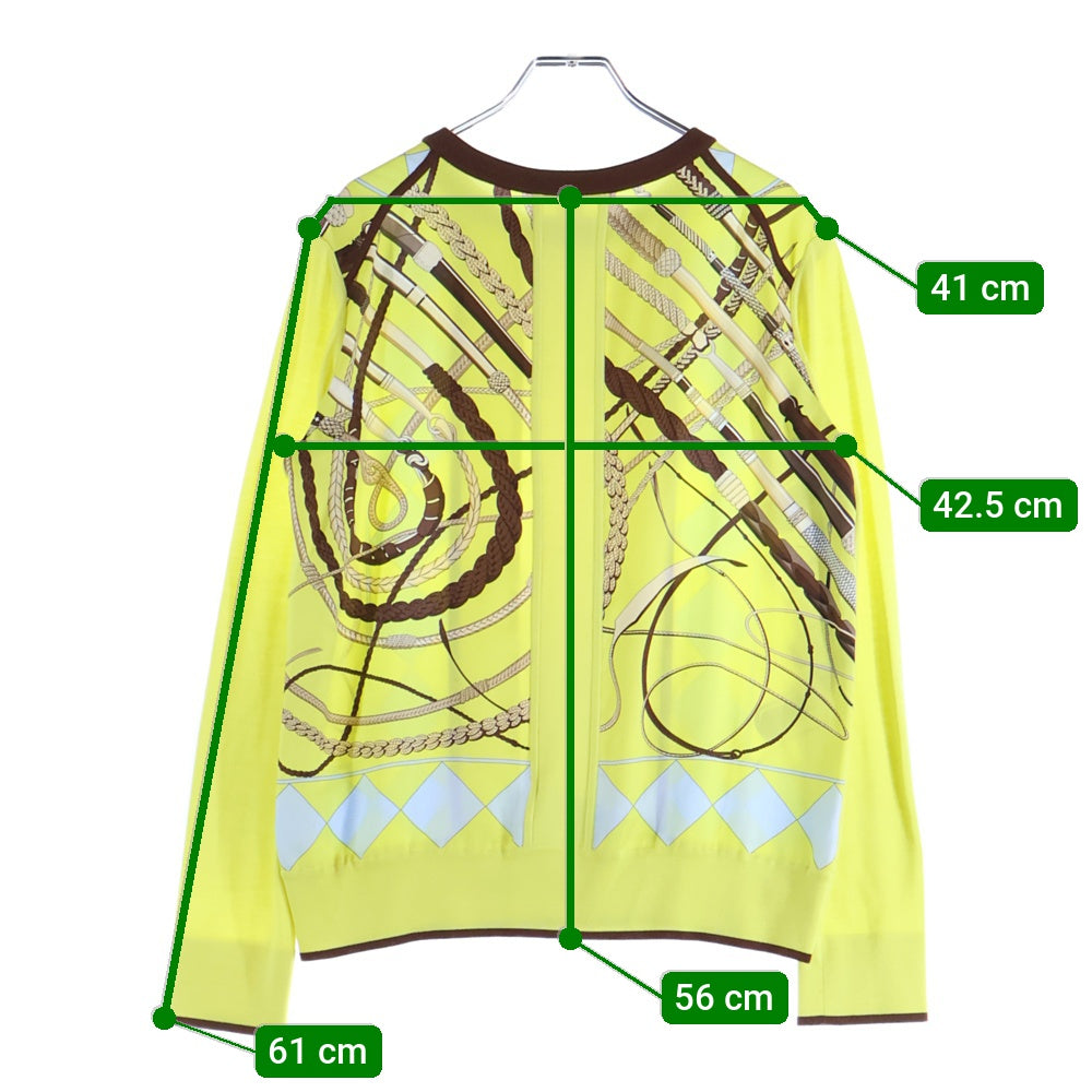 HERMES(エルメス) 柄プリント シルク スカーフ ニット切り替え クルーネック プルオーバー 長袖 ニット カットソー イエロー/ブラウン レディース