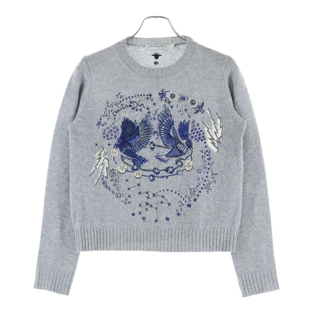 Christian Dior(クリスチャンディオール) 22AW ふたご座 星座柄 刺繍 鳥 カシミヤ クルーネック ロングスリーブ 長袖 ニット セーター グレー レディース 244S57GE061