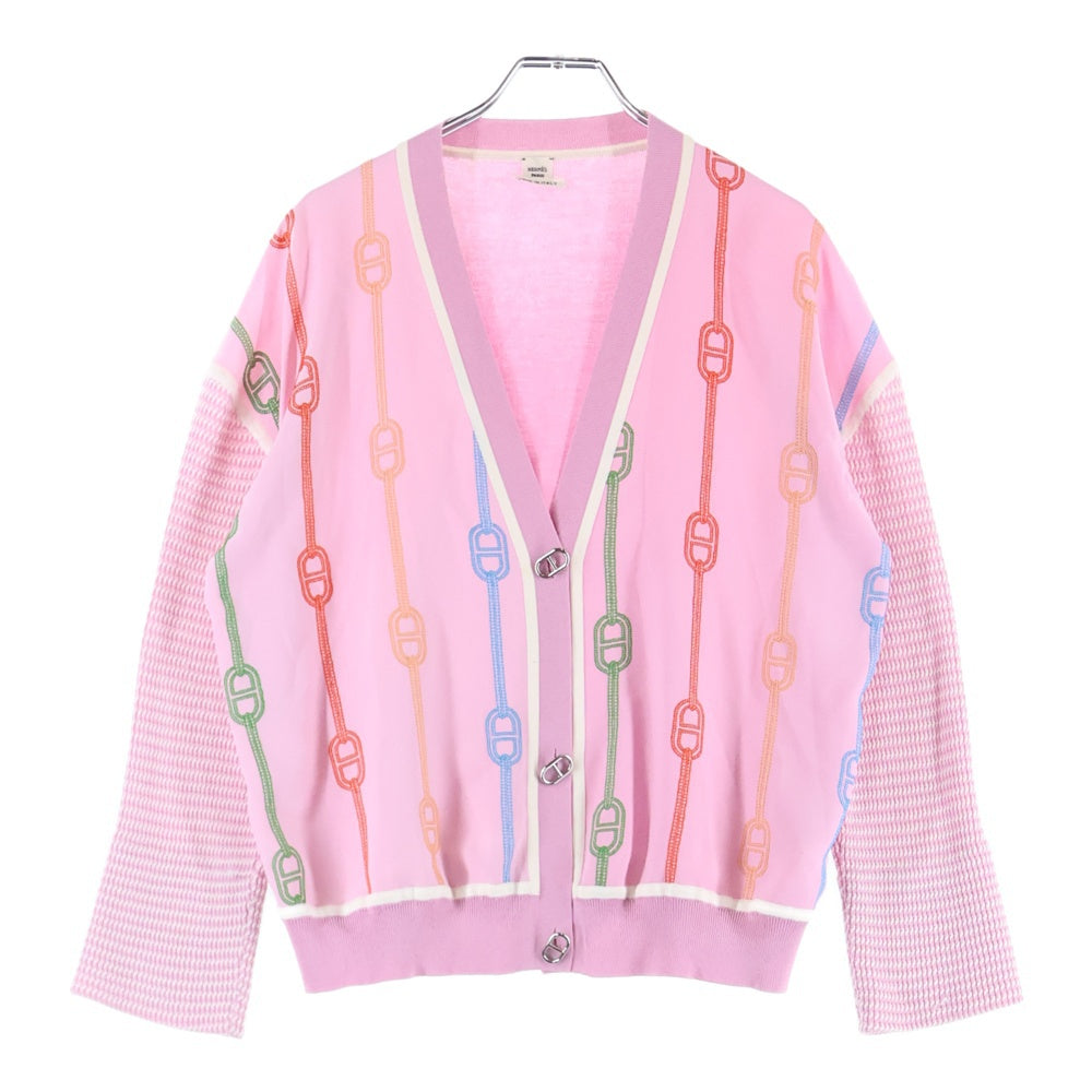 HERMES(エルメス) 23SS シェーヌダンクルボタン 柄刺繍 シルク ニット カーディガン シルバー金具 ピンク レディース 3E2826DV