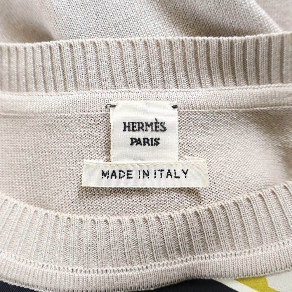 HERMES(エルメス) BRIDES de GARA ブリッド ドゥ ガラ スカーフ切り替え シルク クルーネック 半袖 プルオーバー ニット セーター ベージュ レディース