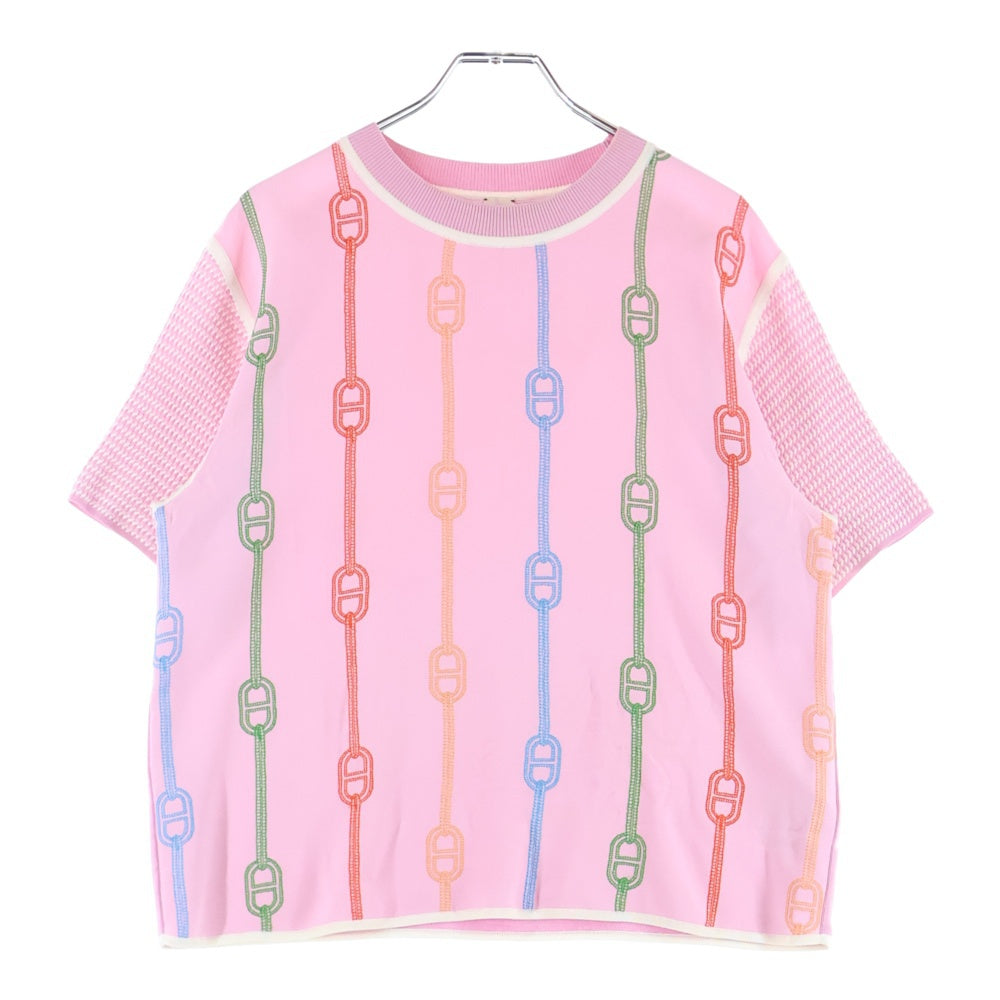 HERMES(エルメス) 23SS シェーヌダンクル 柄刺繍 クルーネック 半袖 ニット切り替え シルク カットソー ピンク レディース 3E2810DV