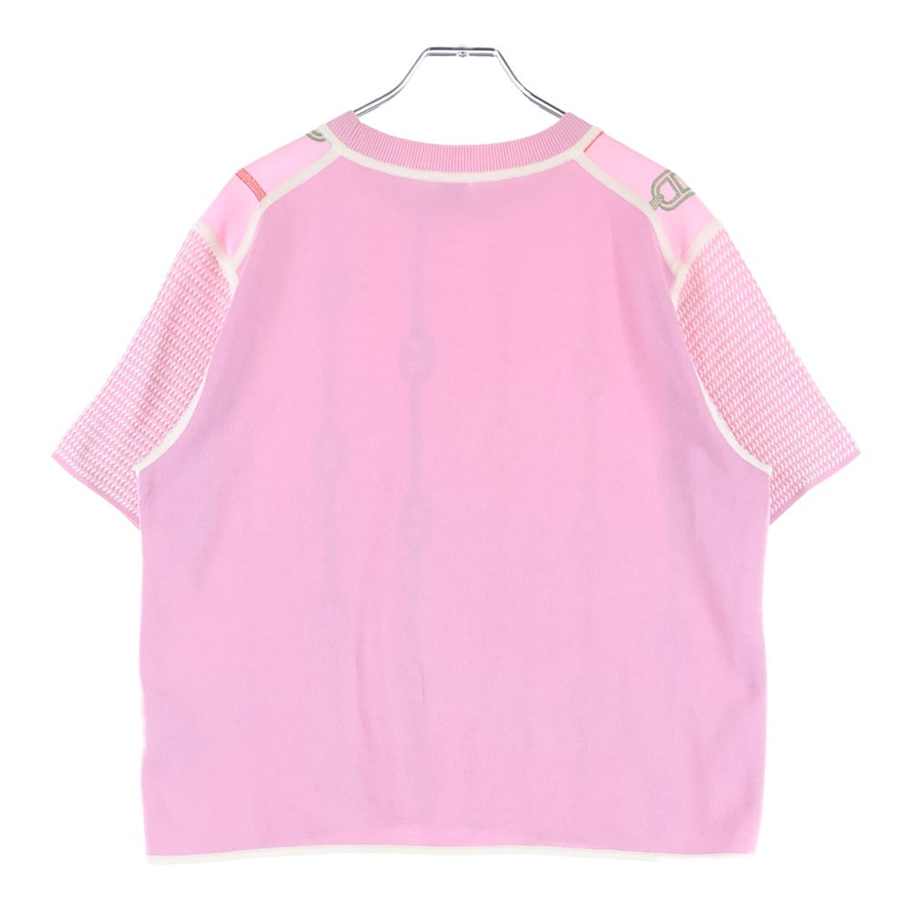 HERMES(エルメス) 23SS シェーヌダンクル 柄刺繍 クルーネック 半袖 ニット切り替え シルク カットソー ピンク レディース 3E2810DV