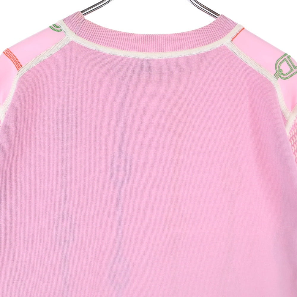 HERMES(エルメス) 23SS シェーヌダンクル 柄刺繍 クルーネック 半袖 ニット切り替え シルク カットソー ピンク レディース 3E2810DV