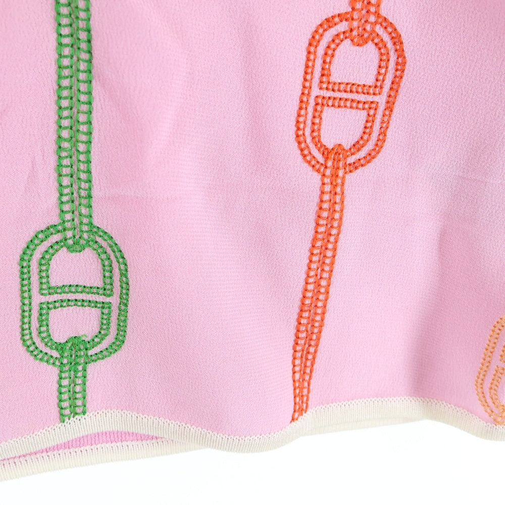 HERMES(エルメス) 23SS シェーヌダンクル 柄刺繍 クルーネック 半袖 ニット切り替え シルク カットソー ピンク レディース 3E2810DV