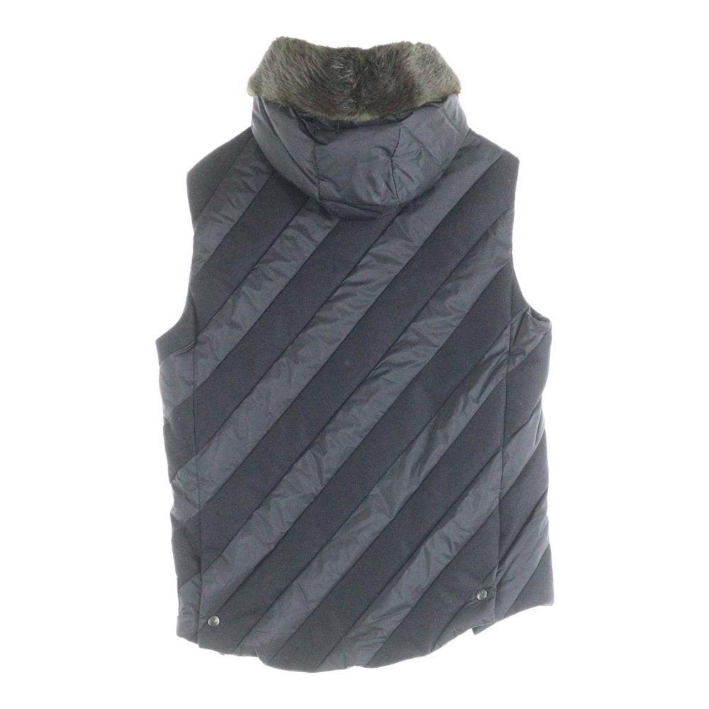 MONCLER(モンクレール) ワッペンロゴ ウール切り替え ファー フーデッド ジップアップ ダウンベスト ブラック 323914334310 10096