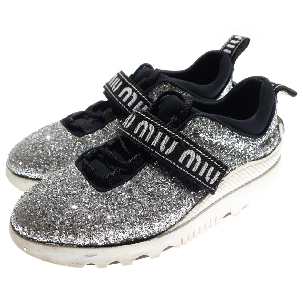 miumiu(ミュウミュウ) ロゴベルト ラメ グリッター レースアップ ローカットシューズ スニーカー シルバー/ブラック レディース