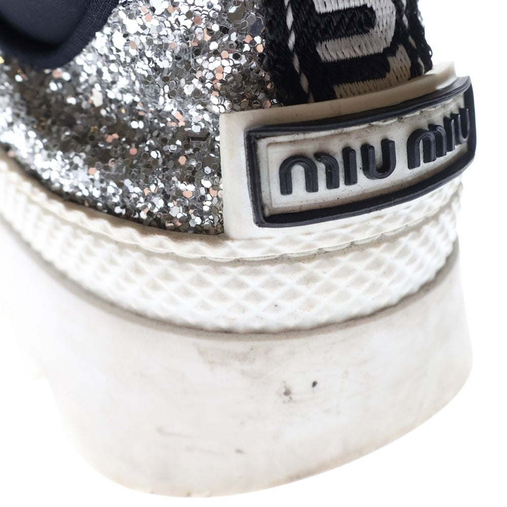 MIUMIU ビジューオープントゥバレーシューズ シルバー 361/2 23.5 miumiu(ミュウミュウ) ロゴベルト ラメ グリッター レースアップ