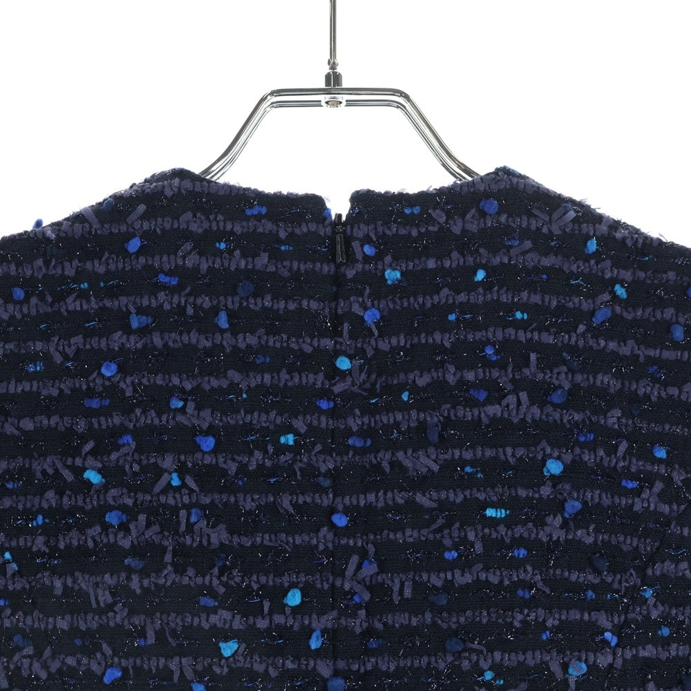 YOKO CHAN(ヨーコ チャン) ミックス ラメ ツイード ボーダー総柄 クルーネック ショートスリーブ 半袖 バルーン ミディアムワンピース ドレス ネイビー/パープル レディース YCD-519-439