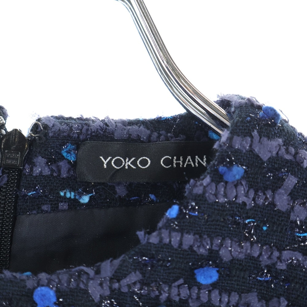 YOKO CHAN(ヨーコ チャン) ミックス ラメ ツイード ボーダー総柄 クルーネック ショートスリーブ 半袖 バルーン ミディアムワンピース ドレス ネイビー/パープル レディース YCD-519-439