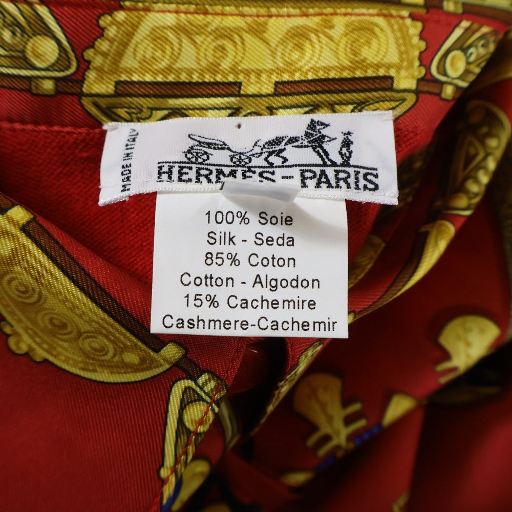 HERMES(エルメス) ツイルレーヌ PARURES DES SABLES 砂漠のアクセサリー 柄プリント シルクスカーフ切り替え カシミヤ混コットンニット プルオーバー 長袖シャツ レッド