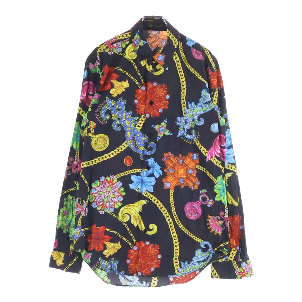 VERSACE(ヴェルサーチ) ビジューフラワー チェーン 総柄プリント 長袖シャツ ブラック A77215 レディース