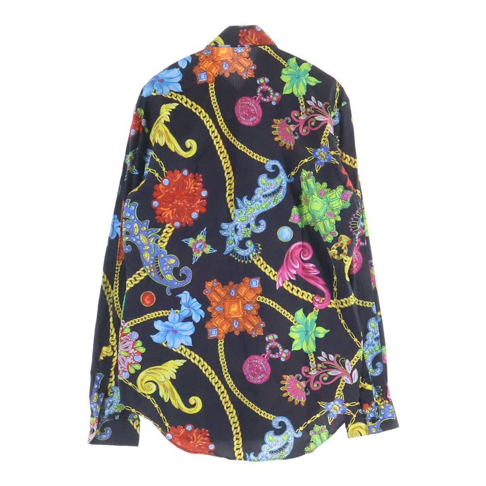 VERSACE(ヴェルサーチ) ビジューフラワー チェーン 総柄プリント 長袖シャツ ブラック A77215 レディース