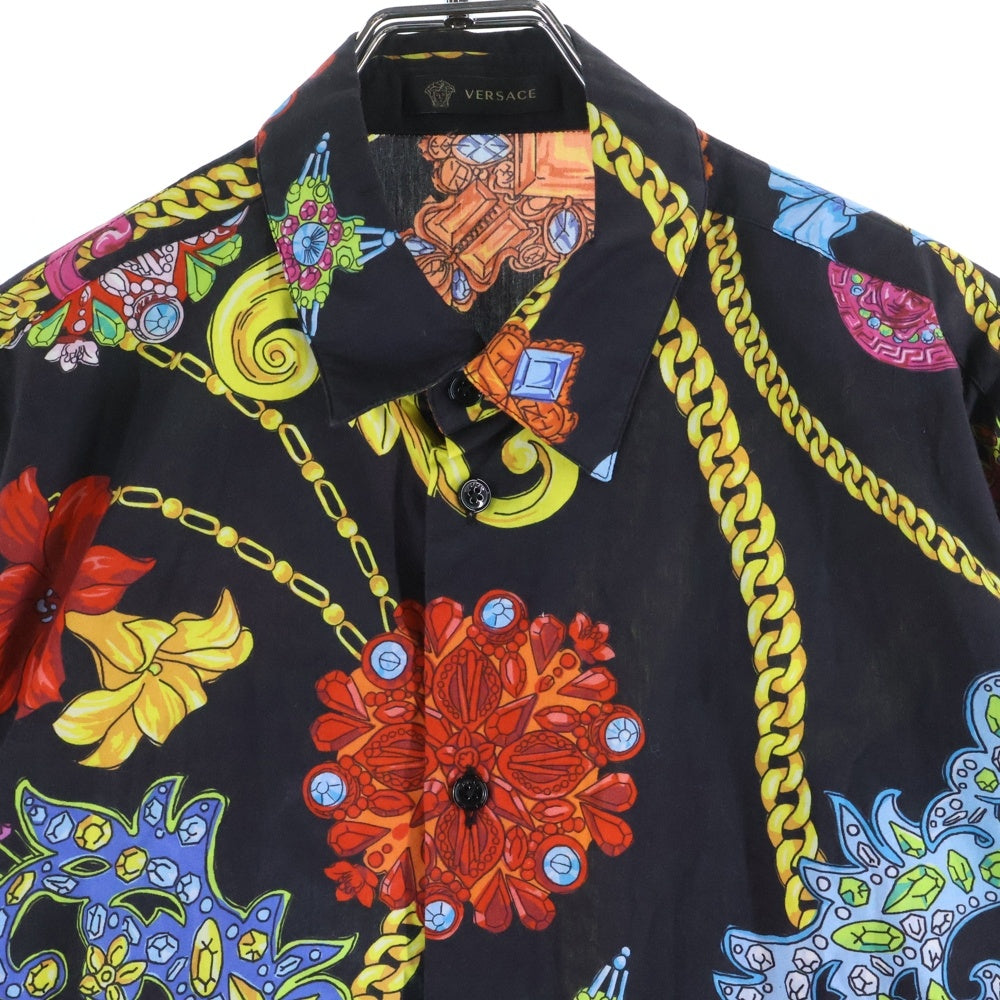 VERSACE(ヴェルサーチ) ビジューフラワー チェーン 総柄プリント 長袖シャツ ブラック A77215 レディース