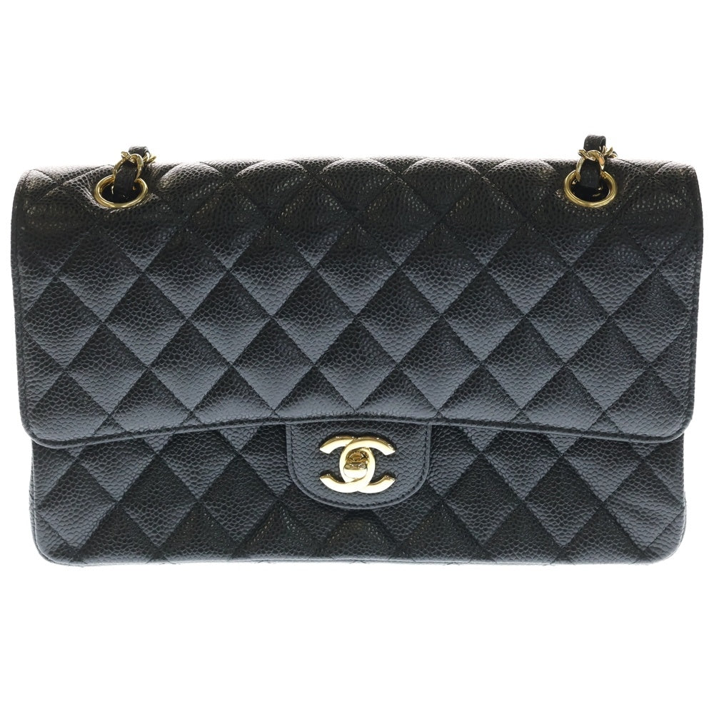 CHANEL(シャネル) マトラッセ25 ダブルフラップ ダブルチェーン ショルダーバッグ ブラック キャビアスキン ゴールド金具 レディース