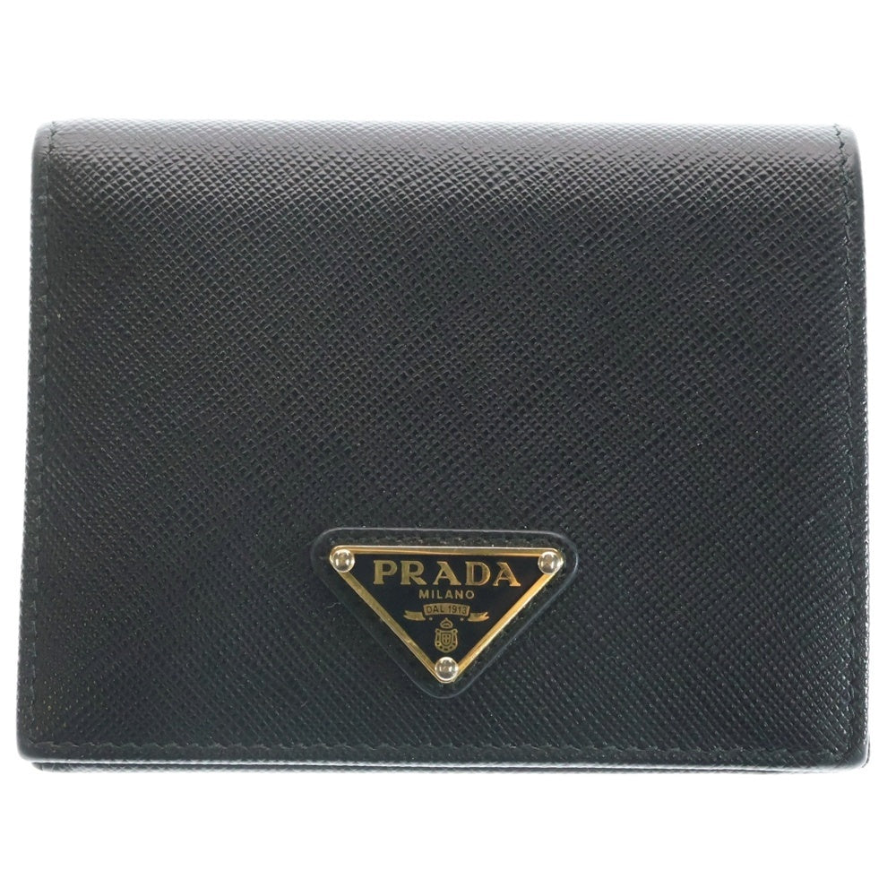 PRADA(プラダ) サフィアーノ 三つ折り財布 コンパクトウォレット コインケース ブラック レザー 1MV204 ゴールド金具 レディース